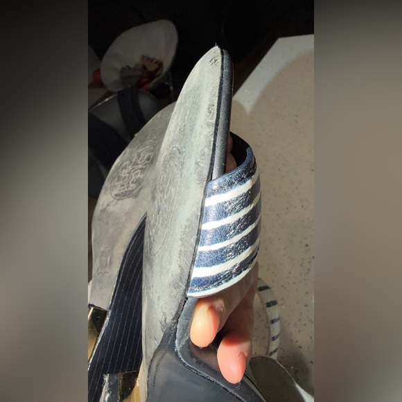 Tory Burch Black and White Striped Ankle Strap Heels - Picture 10 of 11